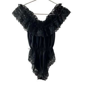 VTG Dolores For Poirette Black Sleep Bodysuit Lace Ruffle VNeck Pullover S Small